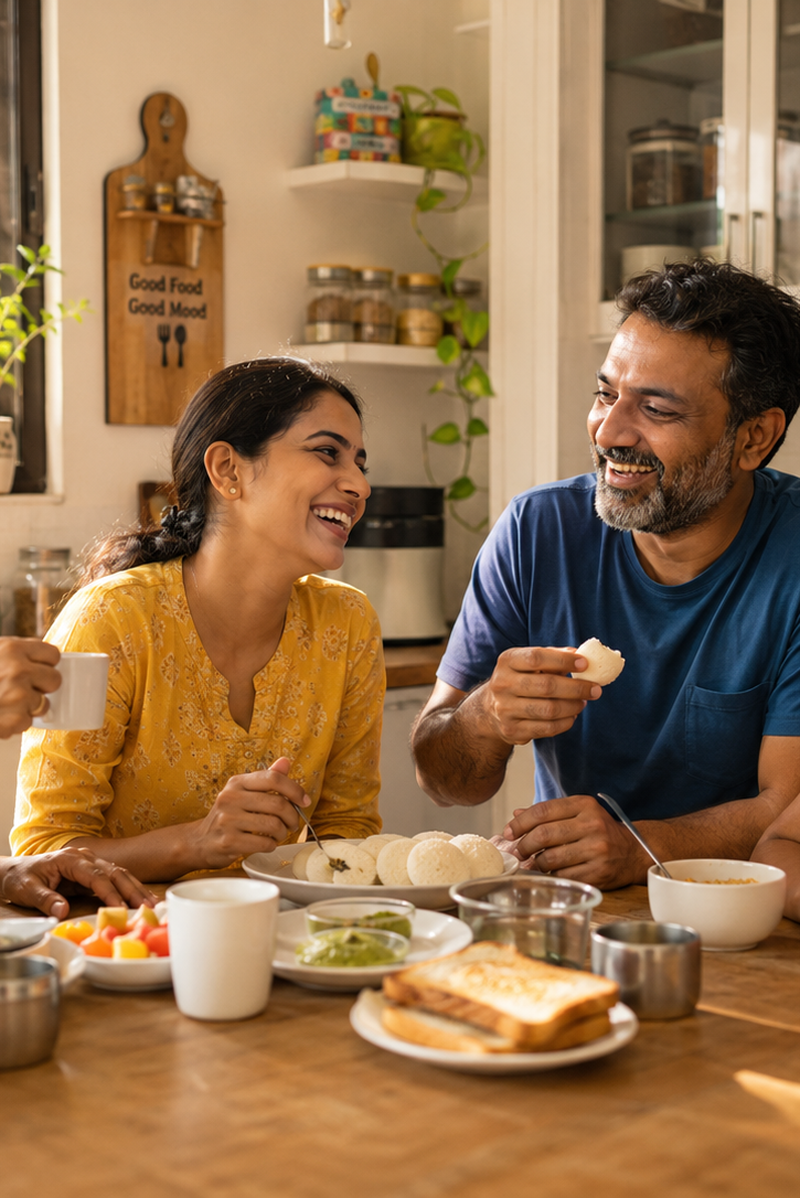 A happy Indian family laughing together over breakfast in a bright sunlit kitchen — patient looks vibrant and full of life
